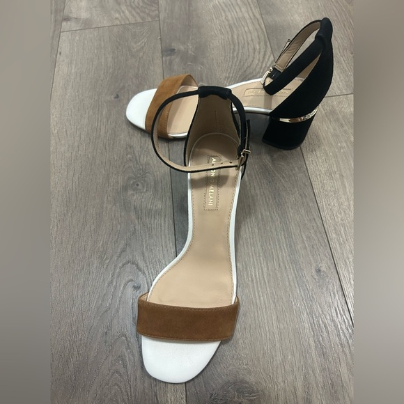 ANTONIO MELANI Odella Suede Ankle Strap Black Beige Open Toe Heels - Picture 1 of 4